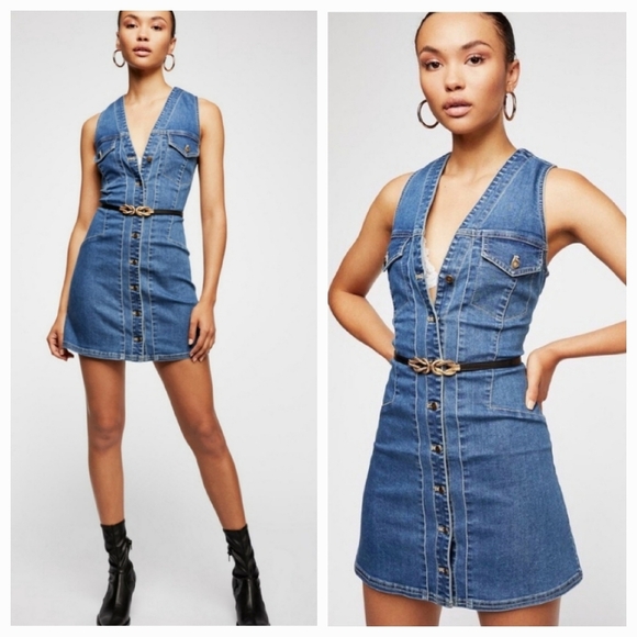 Free People Wandering Star Denim Button-Down Mini Dress - with pockets - fitted - Picture 1 of 8